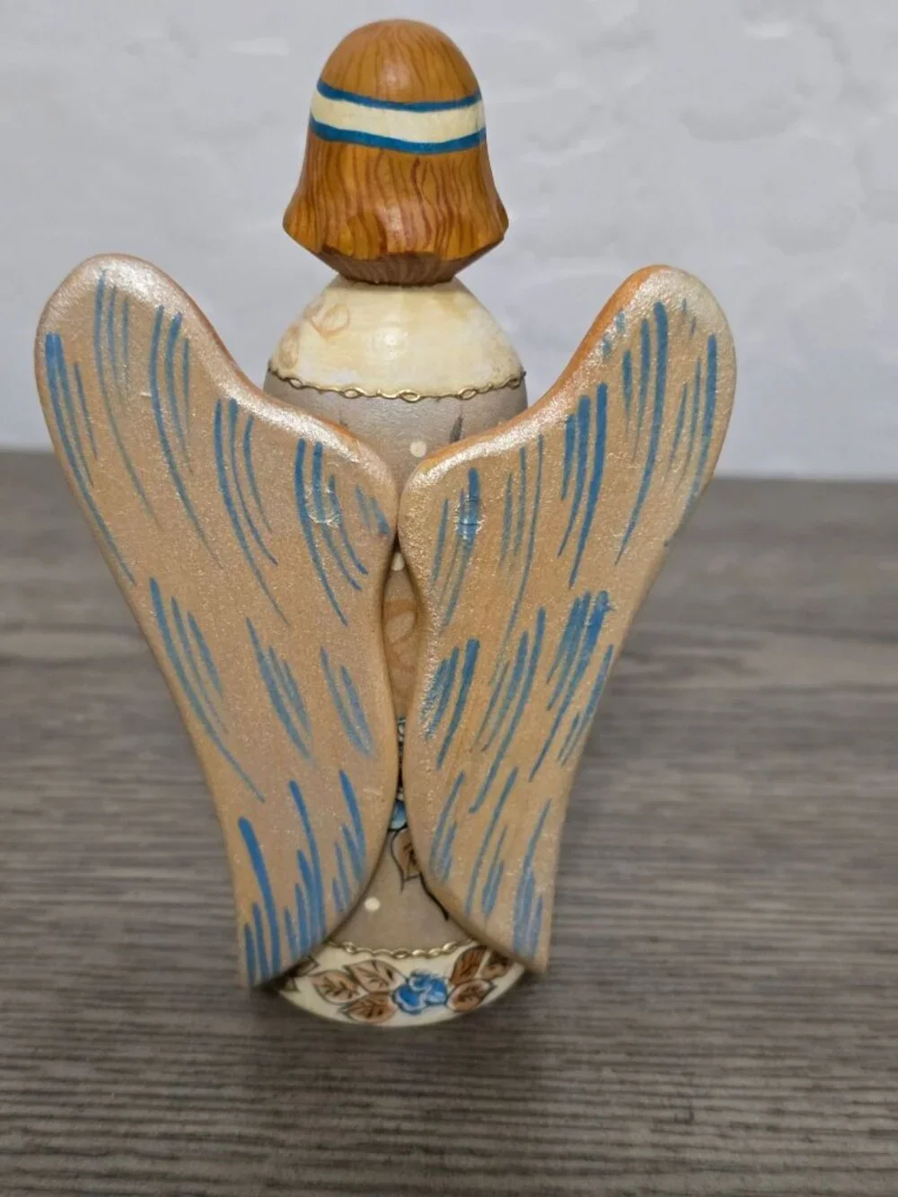 Russian Hand Painted Wooden Angel Blue and Gold Floral Folk Art Signed 5